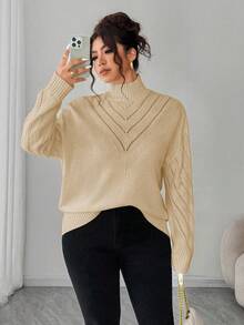 Elenzga Suéter de cuello en V de unicolor para mujer de talla grande, para invierno - Caqui - Ver 6