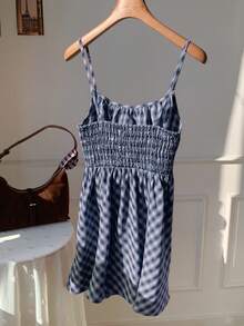 Comfortcana Fashionable Sexy Navy Blue Plaid Mini Dress, Suitable For Women In Spring, Essential For Christmas And New Year, Elegant And Versatile Checkered Dress Picnic Outfit Women Preppy Dress Picnic Dress Blue Gingham Dress