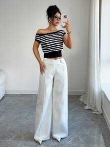 Elenzga 女士时尚高腰阔腿直筒牛仔裤 - 白色 - 查看 6