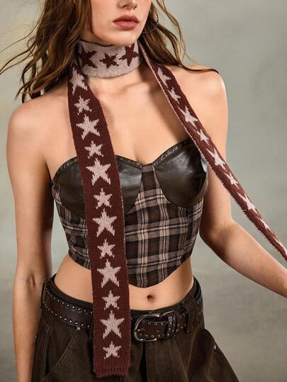 Fairycore 1pc Brown Y2K Baddie Punk Star Kawaii Sweet Retro Striped Patchwork Contrast Color Fashion Simple Women Scarf, Suitable For Street, Campus, Commute, Etc.