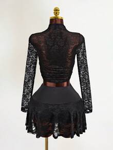 Mistrie Women's Summer Lace Slim Fit Irregular Hem Long Sleeved Round Neck See Through Sexy Black T-Shirt, Women's Summer Black Lace Skin Friendly Breathable Material, Side Seam Pleated Design, Irregular Hem Design. Women's Summer Top, Black Thin And Refreshing Lace Black Top, Women's Summer Matching,Beach For Women - Black - View 2