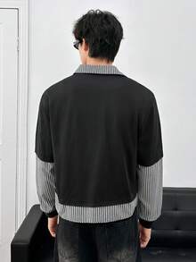 Manfinity BRENVOR Camisa casual de hombre con ajuste holgado, cuello con parche de color contrastante y botones abajo - Negro - Ver 4