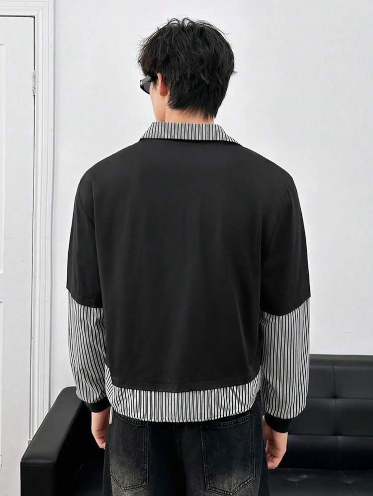 ESTAVOR Men's Casual Loose Fit Contrast Color Patchwork Collar Button Down Shirt - Black - View 4