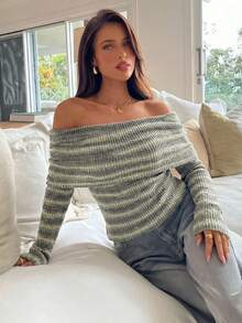 Aloruh 女士性感优雅露肩褶皱修身长袖针织T恤 - 彩色 - 查看 3