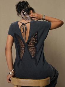 Freevana 大码纯色短袖露背蝴蝶结装饰圆领开衩下摆连衣裙 - 深灰色 - 查看 7