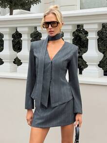 Siren Gaze Women's Gray Striped Old-Money Style Two-Piece Business Suit Striped Front Button Jacket And Midi Skirt Casual 2 Pieces Set With Scarf Spring - Dark Grey - View 4