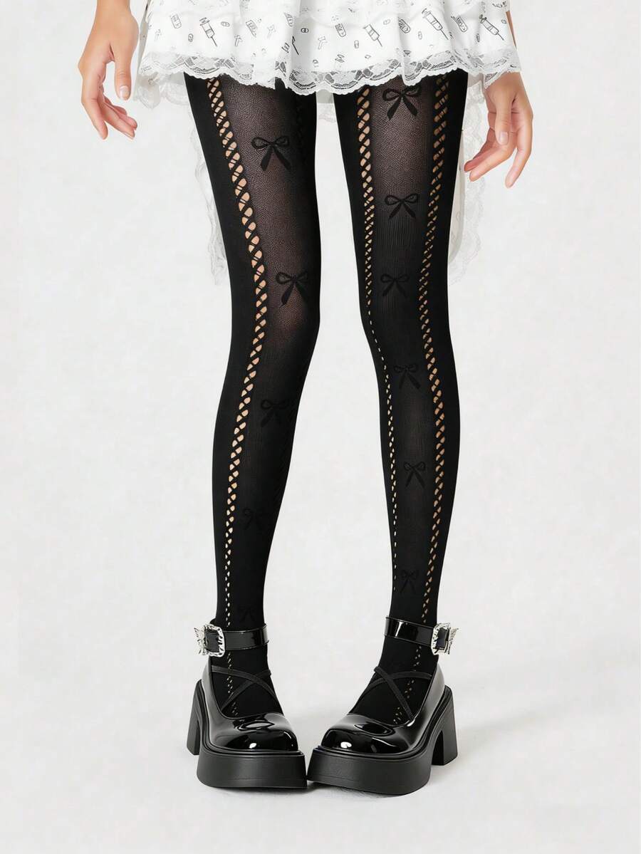 ROMWE Avant 1 双镂空提花蝴蝶结网眼袜，可爱甜美纯色袜底，复古黑色弹力紧身裤。 - 深黑色 - 查看 1