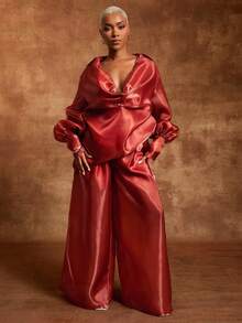 Vixey Amber Brown Organza High Waist Pleated Wide Leg Pants - Brown - View 1