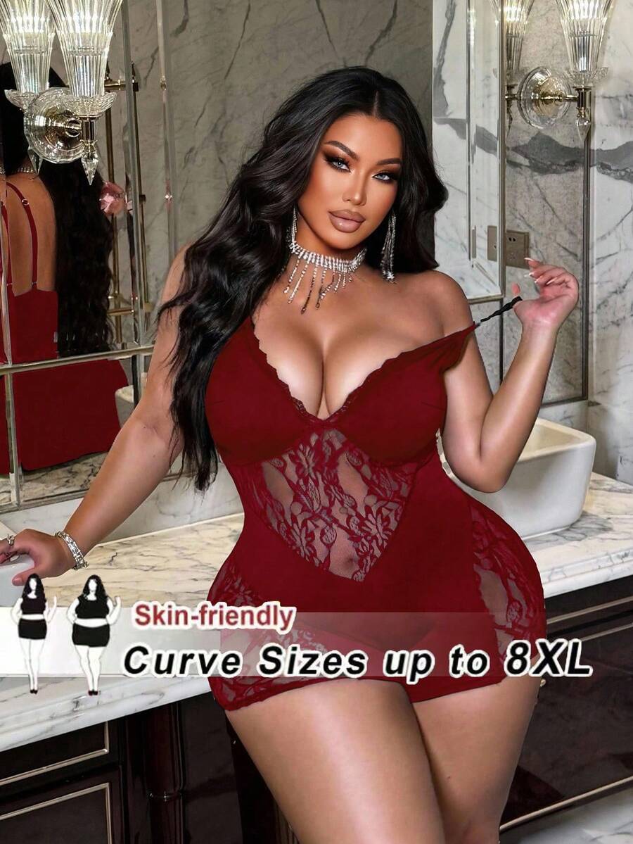 SHEIN CURVE+ 大码女式深V领蕾丝撞色网纱性感吊带连体衣 - 紅色 - 查看 1