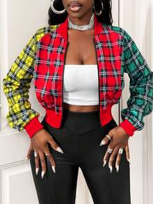 BamGleam 女士格子撞色拉链棒球领休闲百搭度假长袖外套 - 彩色 - 查看 3