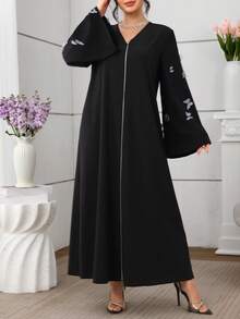 Al Najma Women's Elegant Arabic Style Long Sleeve Black Butterfly Mesh Stretch Dress, Autumn/Winter - Black - View 5