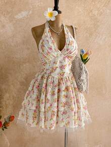 Soleia 女士度假连衣裙，浪漫波点碎花吊带荷叶边迷你连衣裙，适合海滩、海边、性感约会、假日、下午茶、婚礼季、派对、邮轮度假、城市度假、波西米亚风度假、音乐节等场合，可内穿或外穿，适合所有季节。 - 彩色 - 查看 1