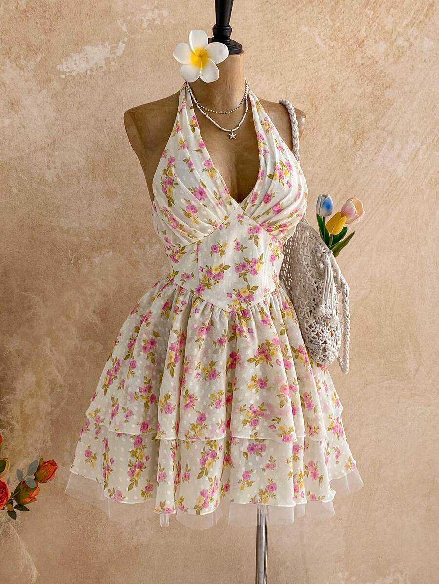 Soleia 女士度假连衣裙，浪漫波点碎花吊带荷叶边迷你连衣裙，适合海滩、海边、性感约会、假日、下午茶、婚礼季、派对、邮轮度假、城市度假、波西米亚风度假、音乐节等场合，可内穿或外穿，适合所有季节。 - 彩色 - 查看 1