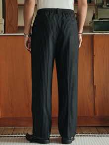 SWAVVY Men's Business Casual Striped Print Pleated Wide Leg Suit Pants - Black and White - View 3