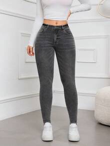 SHEIN PETITE Women's Pocket Skinny Casual Versatile Commuter Jeans - Grey - View 3