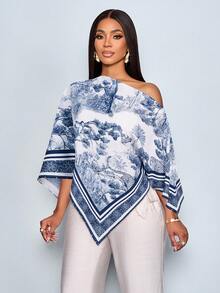 SOLERSUN Women's Autumn Winter Casual Elegant Apricot Patterned Asymmetric Neck Long Sleeve Asymmetrical Hem Blouse Oblique Shoulder Split Sleeve Loose Fashionable Shirt Vintage Sunset Holiday Print Batwing Sleeve Tops New Arrival Versatile ,Fall Outfits Winter Clothing,Daily Commuting,Going Out - Navy Blue - View 3