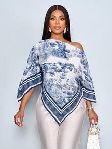 SOLERSUN Women's Autumn Winter Casual Elegant Apricot Patterned Asymmetric Neck Long Sleeve Asymmetrical Hem Blouse Oblique Shoulder Split Sleeve Loose Fashionable Shirt Vintage Sunset Holiday Print Batwing Sleeve Tops New Arrival Versatile ,Fall Outfits Winter Clothing,Daily Commuting,Going Out - Navy Blue - View 4