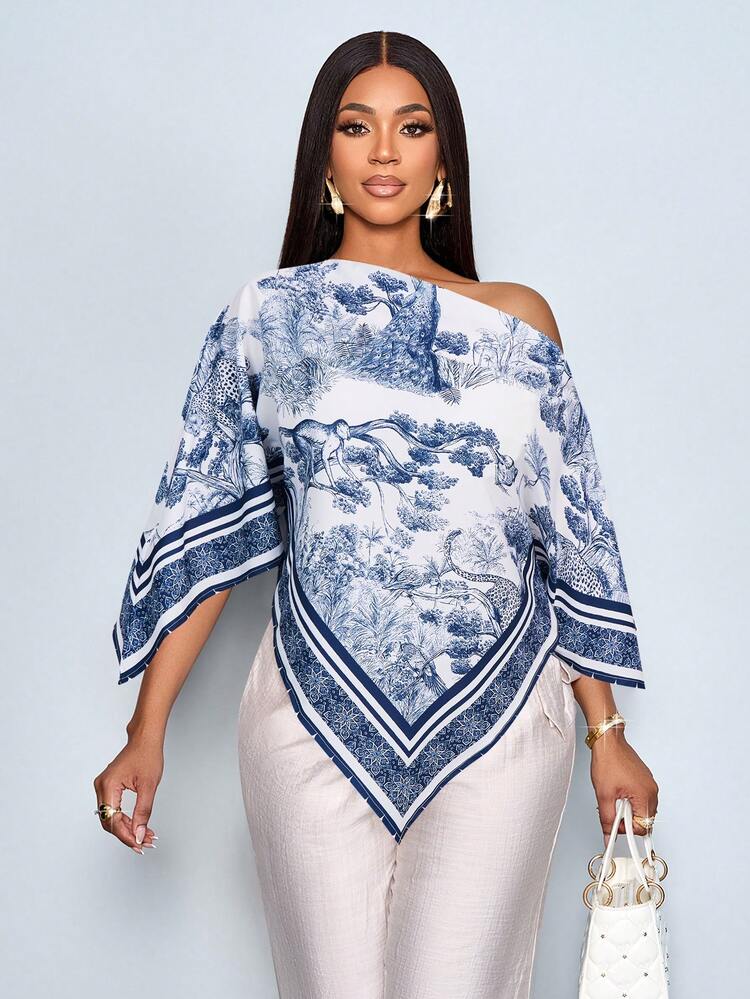 SOLERSUN Women's Elegant Vintage Print Asymmetric Blouse | SHEIN USA