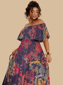 Travachic Gaun Maxi Ukuran Plus Motif Paisley Bohemian dengan Bahu Terbuka dan Hem Berkerut, Gaun Bunga Biru Tua untuk Wanita, Gaun Liburan Musim Panas Gaya Boho untuk Tamu Pernikahan - MultiWarna - View 5