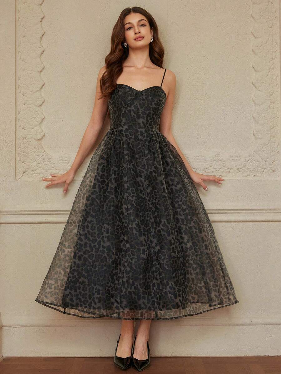 Aveloria Rosie Vestido de tirantes de organza con estampado de leopardo y volumen, vestido sin mangas con bajo acampanado - Multicolor - Ver 1