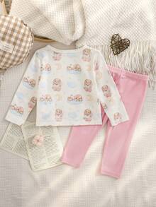 SHEIN 女婴休闲舒适卡通印花针织长袖上衣+修身撞色弹力针织裤T恤套装，适合日常穿着，秋冬季 - 粉色 - 查看 2