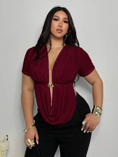 Firerie Top sin mangas elegante, casual y sexy con cuello drapeado, decoración de hebilla metálica y abertura lateral, adecuado para la playa, primavera/verano, talla grande