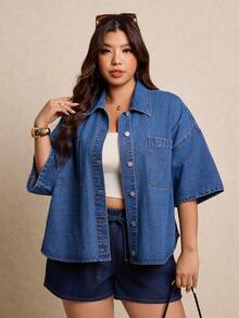 Elaquor 大码蓝色牛仔衬衫，休闲短袖衬衫，宽松牛仔上衣，经典夏季休闲款 - 藍色 - 查看 2