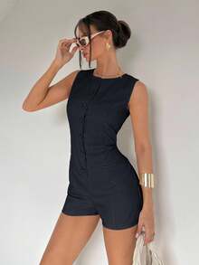 Siren Gaze Women's Casual Solid Color Sleeveless Jumpsuit, Suitable For Commuting, Summer - Navy Blue - View 4