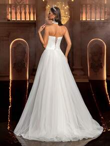 Glamrae 极简白色缎面撞色网纱露肩花瓣荷叶边束身胸衣，修身鱼尾裙摆连衣裙，女士婚纱，正式场合礼服 - 白色 - 查看 2