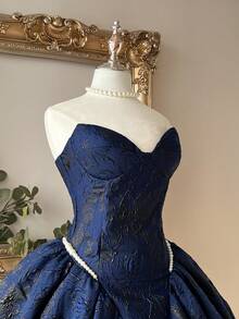 Lovelzi 优雅奢华的红色提花织物手工珍珠装饰甜心领复古腰线A字短款女士正式晚礼服 - 藏蓝色 - 查看 7