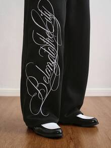 TOKVUE Quần nỉ cạp đôi màu đen họa tiết thêu tương phản phong cách đường phố phổ biến của INS "This City" dành cho nam mặc thường ngày, quà tặng bạn trai/chồng, quà kỷ niệm - màu đen - Xem 5