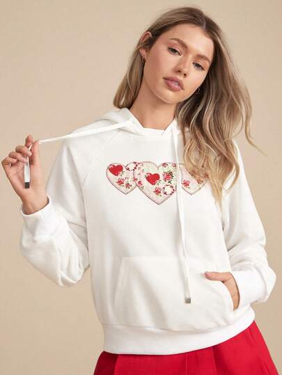 WESTFADE Patchwork Heart Hooded Drawstring Loose Fit Long Sleeve Pullover Sweatshirt Hoodie Winter, Spring, Resort, Valentine's Day, Cute, Boho, Nashville, Cowgirl, Western Wear, Vacation