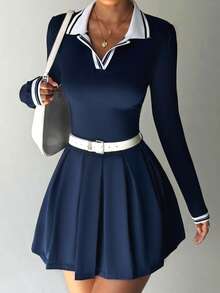 Dewbera Women's Striped Collared Long Sleeve Yoga Activewear Dress With Shorts - Navy Blue - View 3