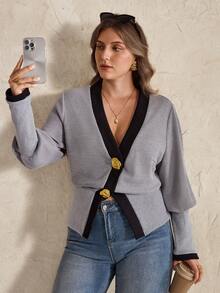 Elegantrix Plus Size Women Colorblock Waist Trim Casual Cardigan Top, Autumn/Winter - Grey - View 5