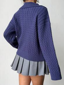 SHEIN MOOSTA Women's Navy Blue Cable Knit Sweater, Fashionable Casual Versatile Commuter Loose Fit Long Sleeve Pullover, Autumn/Winter - Blue - View 2