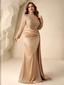 Coutiva Plus Size Elegant Gold Spring Prom Dress,Long Sleeves Asymmetrical Collar Embroidered Pearl Rhinestones Satin Mermaid Skirt Side Drape Event Gown - Champagne - View 6