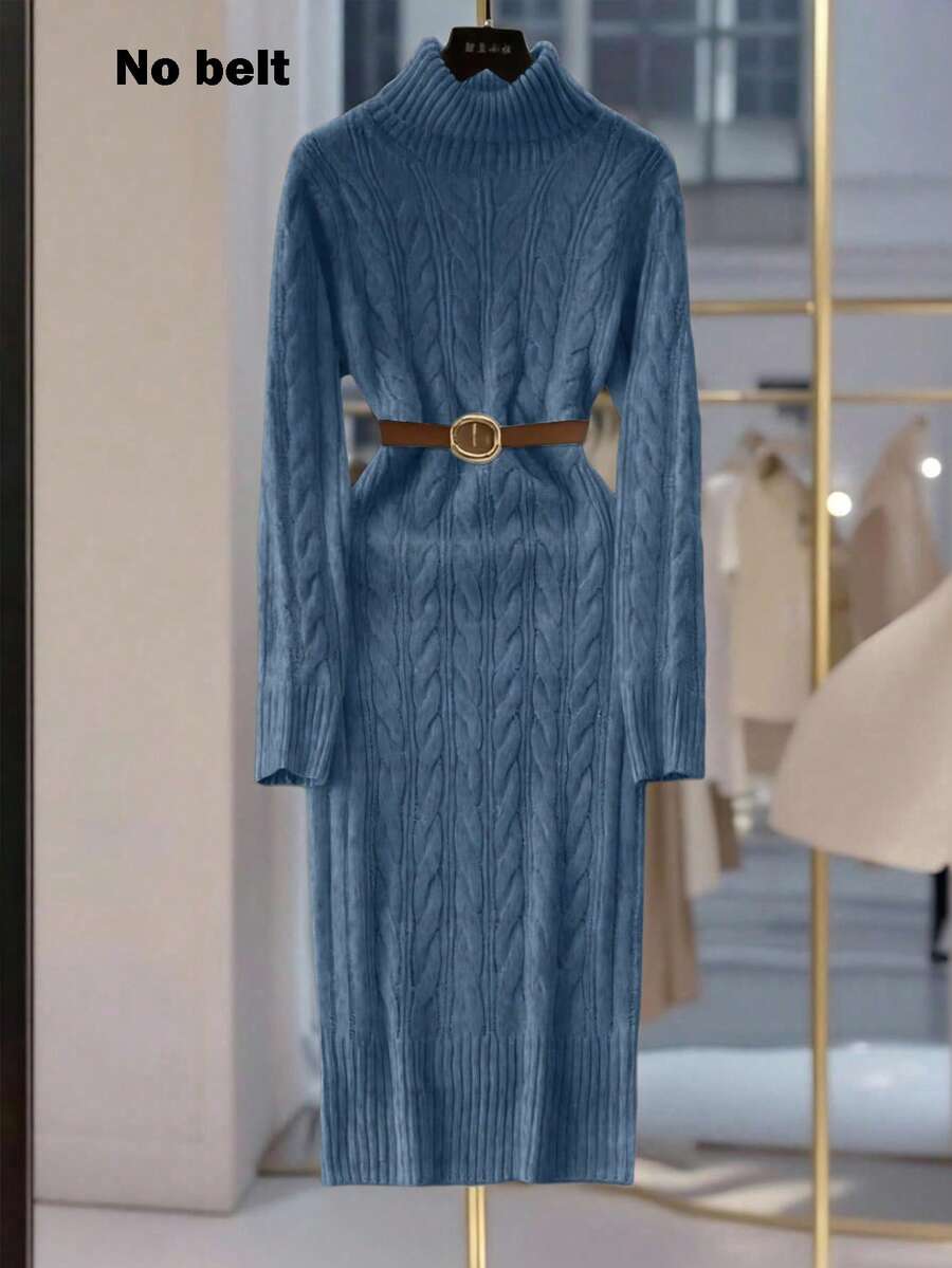 SHEIN Franclia 新款秋冬欧美休闲高领修身中长针织毛衣连衣裙 - 霧霾藍 - 查看 1