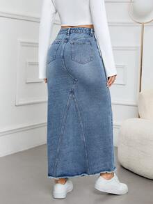 Jeanoix Women's High Waist Pocketed Frayed Hem Casual & Work Denim Midi Skirt - Blue - View 2