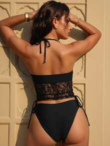 Oceva Bộ đồ bơi tankini gợi cảm dành cho nữ, phối ren tương phản, kiểu buộc dây cổ, thích hợp cho mùa hè đi biển. - màu đen - Xem 5