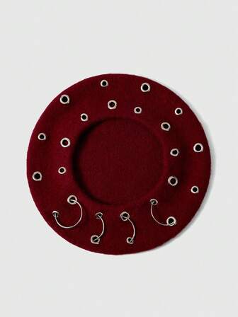 Grunge Punk 1pc Punk Style Circular Hollow Rivet Beret Hat, Y2K Round Pendant Newsboy Cap, Daily Personalized Fashion Item