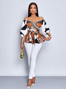 SOLERSUN 女士假日印花露肩泡泡袖系腰时尚衬衫 - 白色 - 查看 3