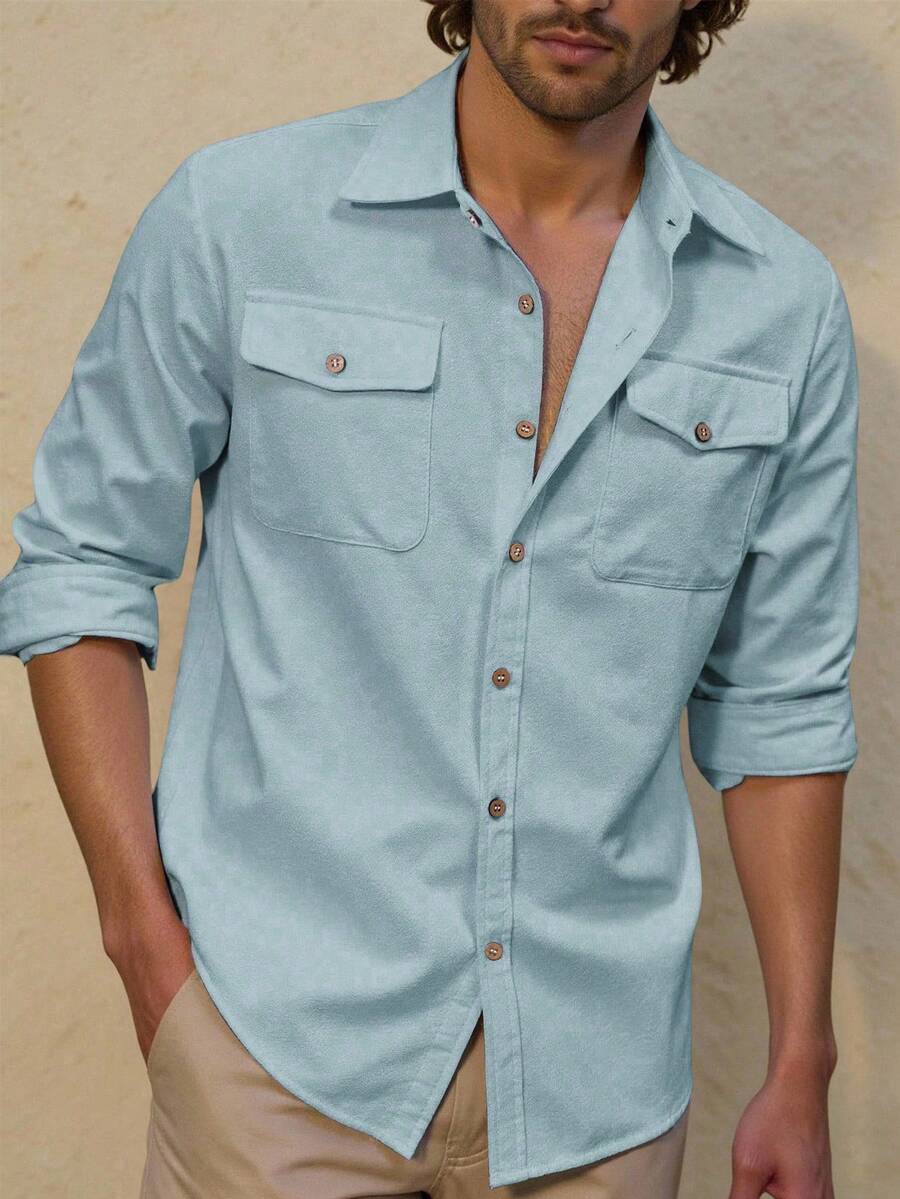 Manfinity Homme 男士翻领单排扣口袋休闲/商务长袖衬衫 - 淺藍色 - 查看 1