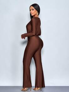 SOLERSUN Tuta intera da donna a maniche lunghe con collo rotondo, vita arricciata e gamba ampia, in colore unito - Caffè Marrone - Visualizzare 2