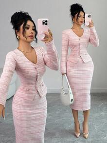 Elenzga Elegant Commuter Chic Elastic Tweed Silver Thread Texture Suit, Pearl Button Cardigan V-Neck T-Shirt Slim Fit + Elastic Waist A-Line Skirt, Women 2-Piece Set, Autumn/Winter - Multicolor - View 1