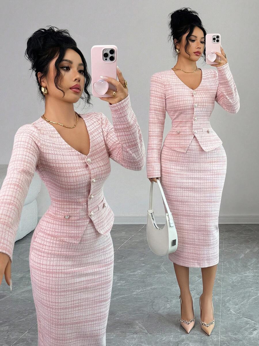 Elenzga Elegant Commuter Chic Elastic Tweed Silver Thread Texture Suit, Pearl Button Cardigan V-Neck T-Shirt Slim Fit + Elastic Waist A-Line Skirt, Women 2-Piece Set, Autumn/Winter - Multicolor - View 1