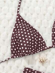 Swim Mod 女士黑白波点印花性感露背低腰比基尼套装，夏季 - 棕色 - 查看 3