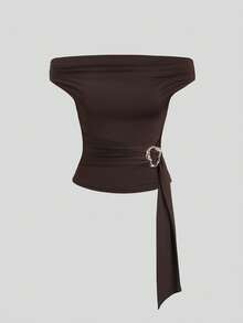 SHEIN Sweetro Women's New Design Sense High Street Elegant Layered Retro Texture High-End Minimalist Slim Fit Strapless Off-Shoulder Asymmetrical Brown T-Shirt Top, Spring/Summer - Brown - View 4