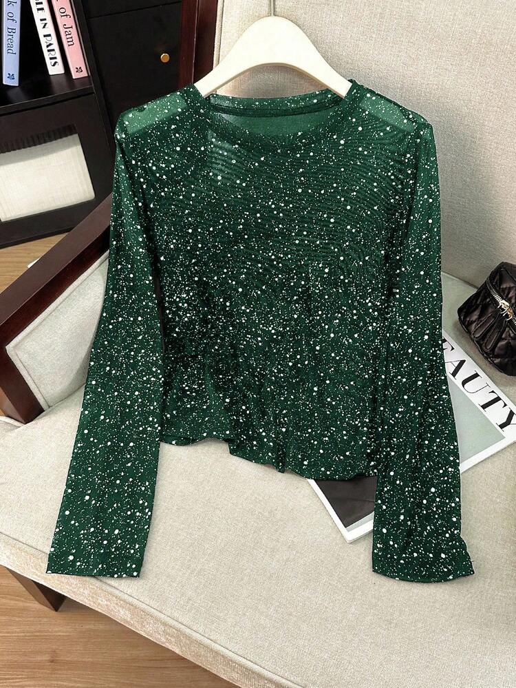 Franclia Women's Spandex Metallic Silver Round Neck Long Sleeve Top - Dark Green - View 1