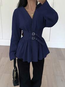 Siren Gaze Women's Cotton Contrast Trim Waist Shirt, Autumn/Winter New Arrival Spring - Navy Blue - View 5