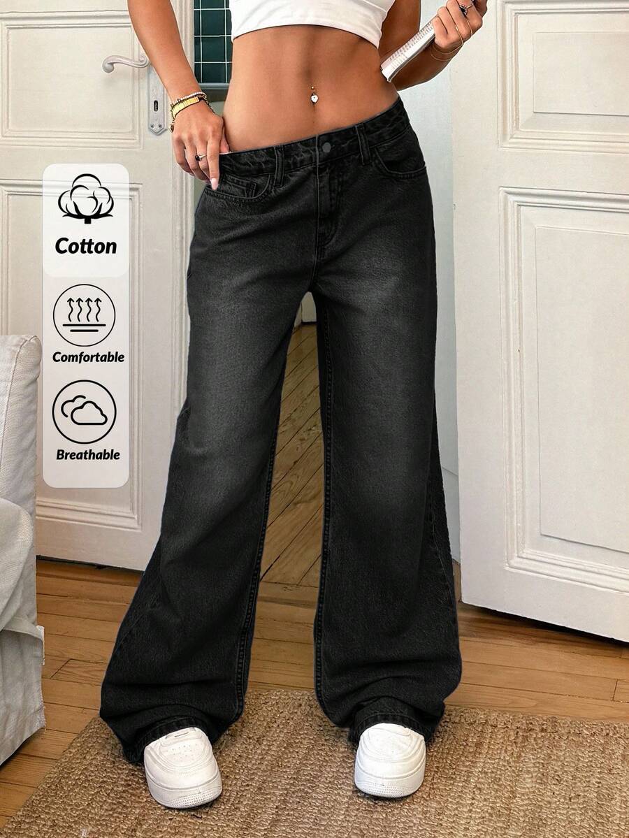 EURMUSE 100%Cotton LOW WAIST WIDE LEG LONG HEM TALL JEAN - Dark Grey - View 1